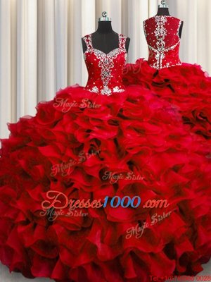 Flirting Zipple Up See Through Back Ball Gowns 15 Quinceanera Dress Wine Red Straps Organza Sleeveless Floor Length Zipper
