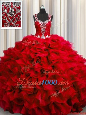 Flirting Zipple Up See Through Back Ball Gowns 15 Quinceanera Dress Wine Red Straps Organza Sleeveless Floor Length Zipper