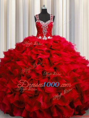 Flirting Zipple Up See Through Back Ball Gowns 15 Quinceanera Dress Wine Red Straps Organza Sleeveless Floor Length Zipper