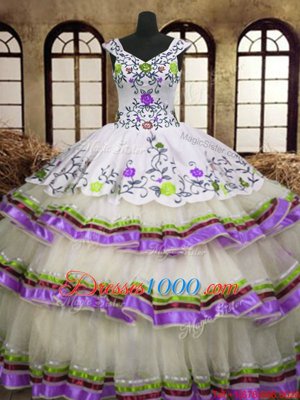 Fine Multi-color V-neck Lace Up Embroidery and Ruffled Layers Vestidos de Quinceanera Sleeveless