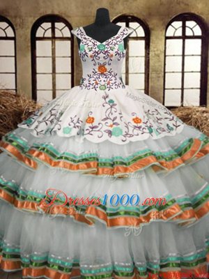 Sweet Multi-color A-line Organza V-neck Sleeveless Embroidery and Ruffled Layers Floor Length Lace Up Sweet 16 Dresses