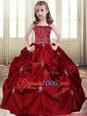 Trendy Sleeveless Taffeta Floor Length Lace Up Quince Ball Gowns in Wine Red for with Embroidery and Pick Ups