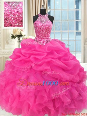 Glittering See Through Beaded Bodice Sleeveless Beading and Ruffles and Pick Ups Lace Up Vestidos de Quinceanera