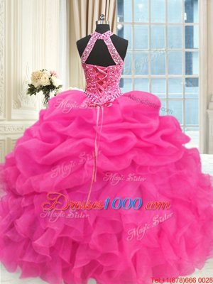 Glittering See Through Beaded Bodice Sleeveless Beading and Ruffles and Pick Ups Lace Up Vestidos de Quinceanera