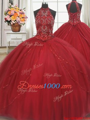 Halter Top Sleeveless Tulle Court Train Lace Up Ball Gown Prom Dress in Red for with Beading and Appliques