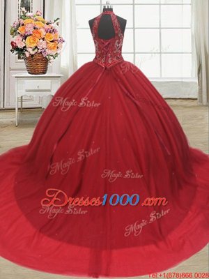 Halter Top Sleeveless Tulle Court Train Lace Up Ball Gown Prom Dress in Red for with Beading and Appliques