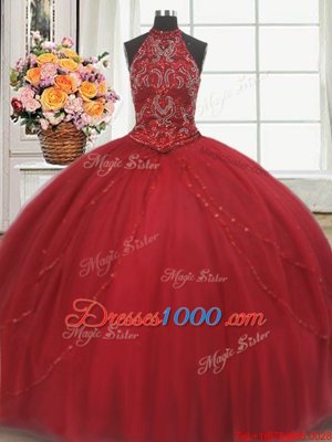 Halter Top Sleeveless Tulle Court Train Lace Up Ball Gown Prom Dress in Red for with Beading and Appliques