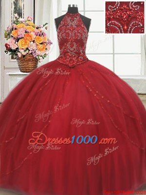 Halter Top Sleeveless Tulle Court Train Lace Up Ball Gown Prom Dress in Red for with Beading and Appliques