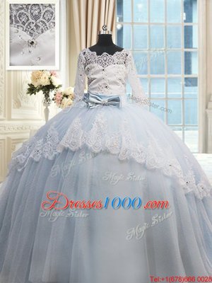 Perfect Scalloped Beading and Lace and Bowknot Quinceanera Dress Light Blue Lace Up Half Sleeves Brush Train