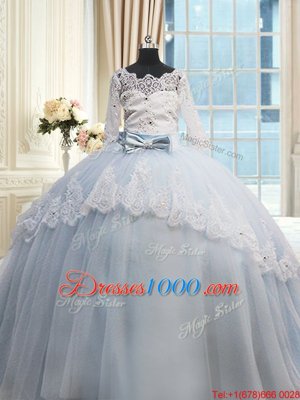 Perfect Scalloped Beading and Lace and Bowknot Quinceanera Dress Light Blue Lace Up Half Sleeves Brush Train