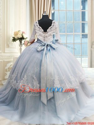 Perfect Scalloped Beading and Lace and Bowknot Quinceanera Dress Light Blue Lace Up Half Sleeves Brush Train