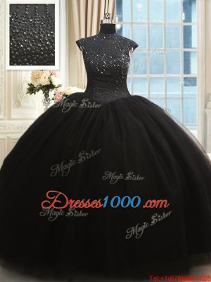 High-neck Cap Sleeves Zipper Ball Gown Prom Dress Black Tulle