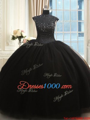 High-neck Cap Sleeves Zipper Ball Gown Prom Dress Black Tulle