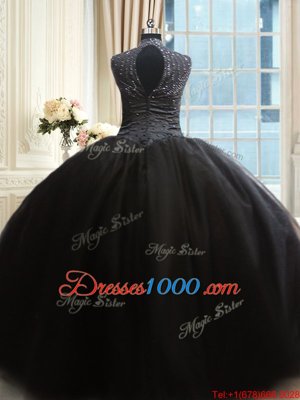 High-neck Cap Sleeves Zipper Ball Gown Prom Dress Black Tulle