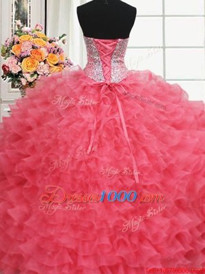 Charming Beaded Bodice Coral Red Quinceanera Dress Military Ball and Sweet 16 and Quinceanera and For with Beading and Ruffles Sweetheart Sleeveless Lace Up