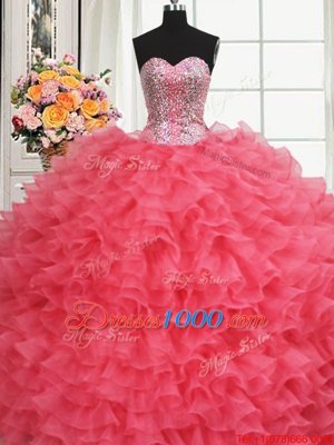 Charming Beaded Bodice Coral Red Quinceanera Dress Military Ball and Sweet 16 and Quinceanera and For with Beading and Ruffles Sweetheart Sleeveless Lace Up