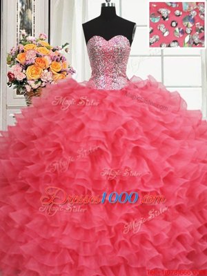 Charming Beaded Bodice Coral Red Quinceanera Dress Military Ball and Sweet 16 and Quinceanera and For with Beading and Ruffles Sweetheart Sleeveless Lace Up