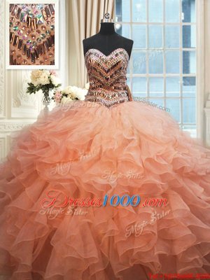 Beaded Bodice Peach Sleeveless Organza Lace Up Sweet 16 Quinceanera Dress for Military Ball and Sweet 16 and Quinceanera