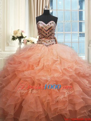 Beaded Bodice Peach Sleeveless Organza Lace Up Sweet 16 Quinceanera Dress for Military Ball and Sweet 16 and Quinceanera