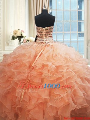 Beaded Bodice Peach Sleeveless Organza Lace Up Sweet 16 Quinceanera Dress for Military Ball and Sweet 16 and Quinceanera