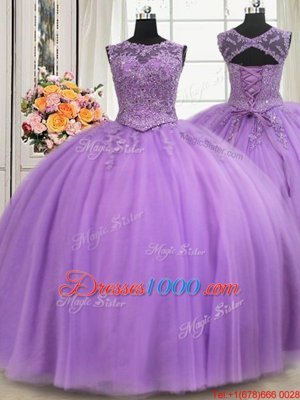 Super See Through Lavender 15th Birthday Dress Military Ball and Sweet 16 and Quinceanera and For with Beading and Appliques Scoop Sleeveless Lace Up