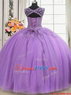 Super See Through Lavender 15th Birthday Dress Military Ball and Sweet 16 and Quinceanera and For with Beading and Appliques Scoop Sleeveless Lace Up