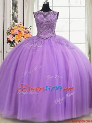 Super See Through Lavender 15th Birthday Dress Military Ball and Sweet 16 and Quinceanera and For with Beading and Appliques Scoop Sleeveless Lace Up