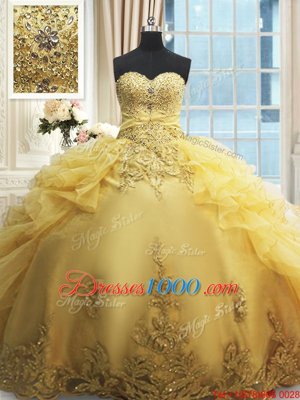 Sweetheart Sleeveless Quinceanera Gown Floor Length Beading and Appliques and Ruffles Yellow Organza
