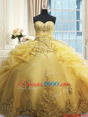 Sweetheart Sleeveless Quinceanera Gown Floor Length Beading and Appliques and Ruffles Yellow Organza