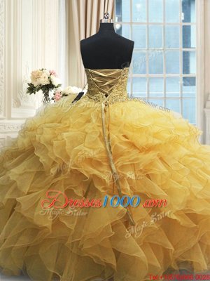 Sweetheart Sleeveless Quinceanera Gown Floor Length Beading and Appliques and Ruffles Yellow Organza