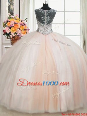 Fancy See Through Back Zipper Up Peach Straps Neckline Beading Quinceanera Gowns Cap Sleeves Zipper