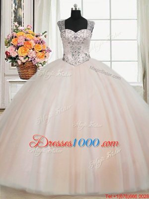 Fancy See Through Back Zipper Up Peach Straps Neckline Beading Quinceanera Gowns Cap Sleeves Zipper