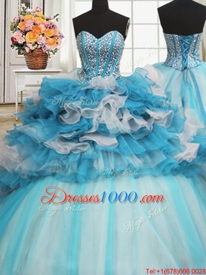 Super Visible Boning Beaded Bodice Sleeveless Tulle Floor Length Lace Up Ball Gown Prom Dress in Blue And White for with Beading and Ruffled Layers