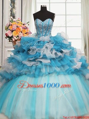 Super Visible Boning Beaded Bodice Sleeveless Tulle Floor Length Lace Up Ball Gown Prom Dress in Blue And White for with Beading and Ruffled Layers