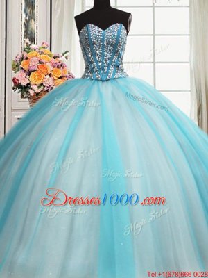 Super Visible Boning Beaded Bodice Sleeveless Tulle Floor Length Lace Up Ball Gown Prom Dress in Blue And White for with Beading and Ruffled Layers