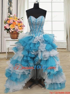 Super Visible Boning Beaded Bodice Sleeveless Tulle Floor Length Lace Up Ball Gown Prom Dress in Blue And White for with Beading and Ruffled Layers