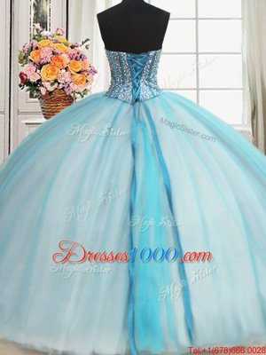 Super Visible Boning Beaded Bodice Sleeveless Tulle Floor Length Lace Up Ball Gown Prom Dress in Blue And White for with Beading and Ruffled Layers