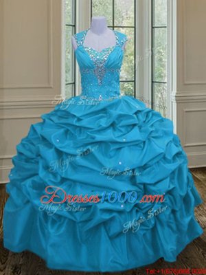 Sophisticated Pick Ups Ball Gowns Quinceanera Dresses Aqua Blue Straps Taffeta Sleeveless Floor Length Lace Up