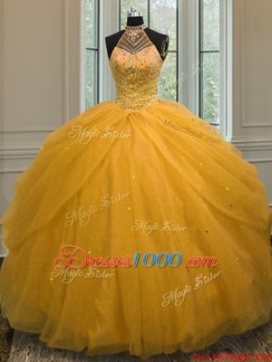 Suitable Halter Top Gold Sleeveless Beading Floor Length Vestidos de Quinceanera