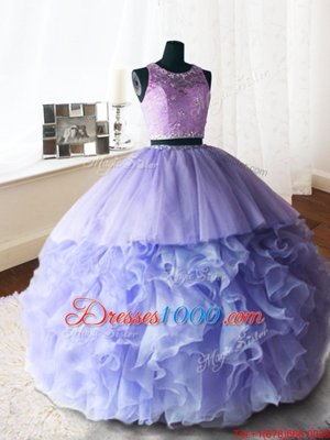 Lavender Ball Gowns Organza and Tulle and Lace Scoop Sleeveless Beading and Lace and Ruffles With Train Zipper Quince Ball Gowns Brush Train