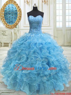 Fashionable Baby Blue Organza Lace Up Sweet 16 Dress Sleeveless Floor Length Beading and Ruffles