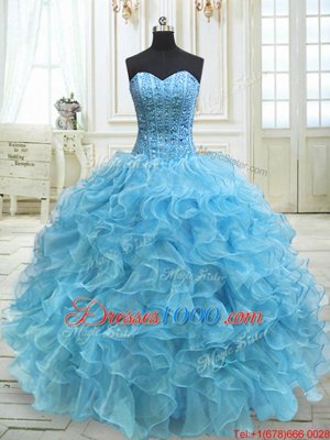 Fashionable Baby Blue Organza Lace Up Sweet 16 Dress Sleeveless Floor Length Beading and Ruffles