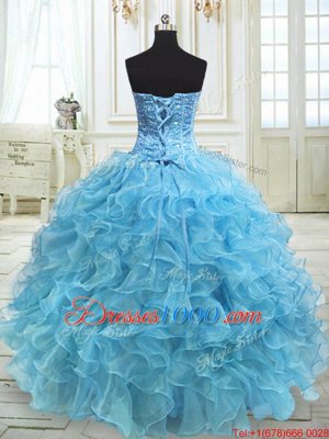 Fashionable Baby Blue Organza Lace Up Sweet 16 Dress Sleeveless Floor Length Beading and Ruffles