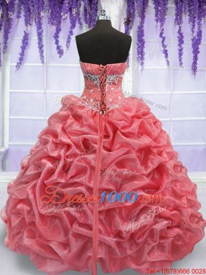 On Sale Watermelon Red and Coral Red Sleeveless Floor Length Beading Lace Up Quinceanera Dress