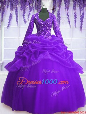 Purple Quinceanera Gowns Military Ball and Sweet 16 and Quinceanera and For with Sequins and Pick Ups V-neck Long Sleeves Zipper