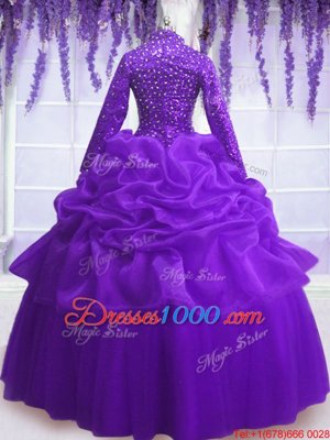 Purple Quinceanera Gowns Military Ball and Sweet 16 and Quinceanera and For with Sequins and Pick Ups V-neck Long Sleeves Zipper