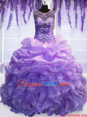 Vintage Organza Scoop Sleeveless Lace Up Beading and Pick Ups Quince Ball Gowns in Lavender