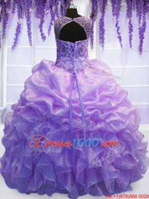 Vintage Organza Scoop Sleeveless Lace Up Beading and Pick Ups Quince Ball Gowns in Lavender