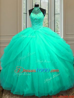 Halter Top Sleeveless Tulle Floor Length Lace Up 15th Birthday Dress in Turquoise for with Beading and Sequins