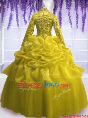 Designer V-neck Long Sleeves Sweet 16 Quinceanera Dress Floor Length Sequins and Pick Ups Yellow Organza